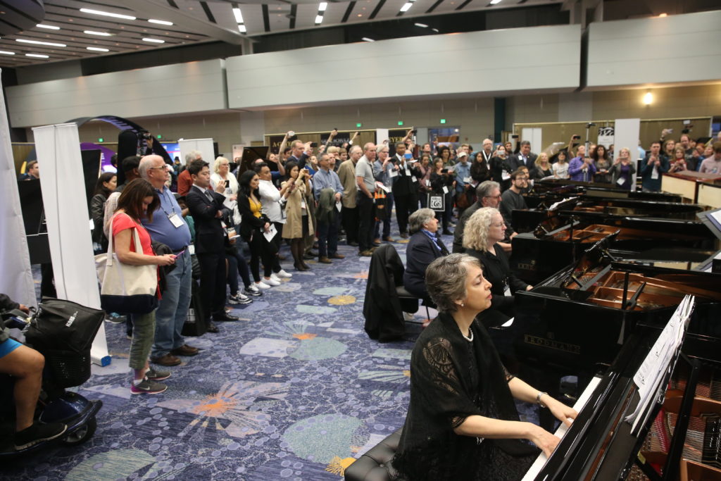 More than 50 pianists filled Lounge 88 in the Anaheim Convention Center with their virtuosic piano sounds for “A Roomful of Pianos”. Photo taken by Jesse Grant / Getty Images for NAMM