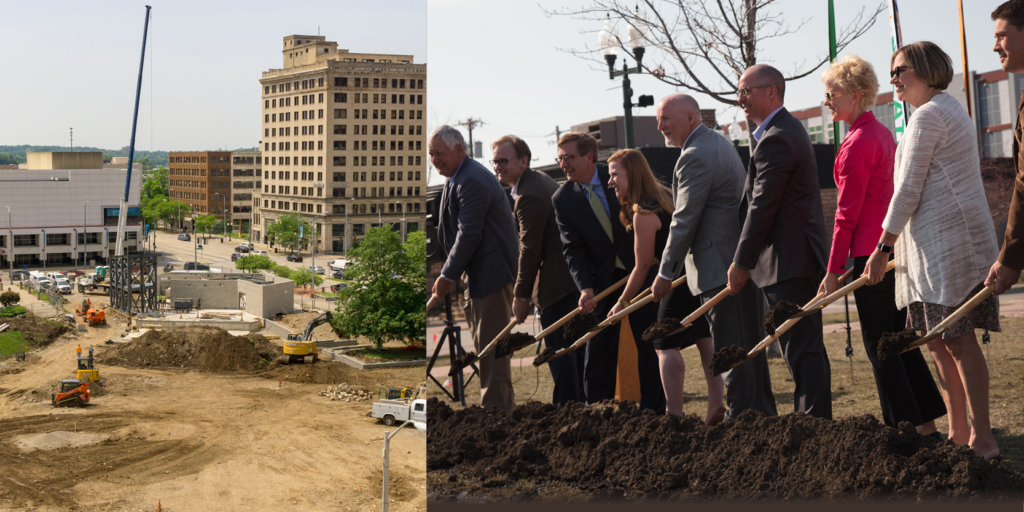 Pictured above (left to right): Construction of future Levitt Pavilion Dayton (photo by Andy Snow); Groundbreaking ceremony for Falls Park West and Levitt Shell Sioux Falls on April 23, 2018.